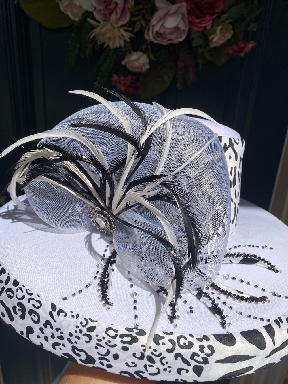 Kentucky Derby Tea Party White Hat with Black Leopard Trim Rhinestones Feathers